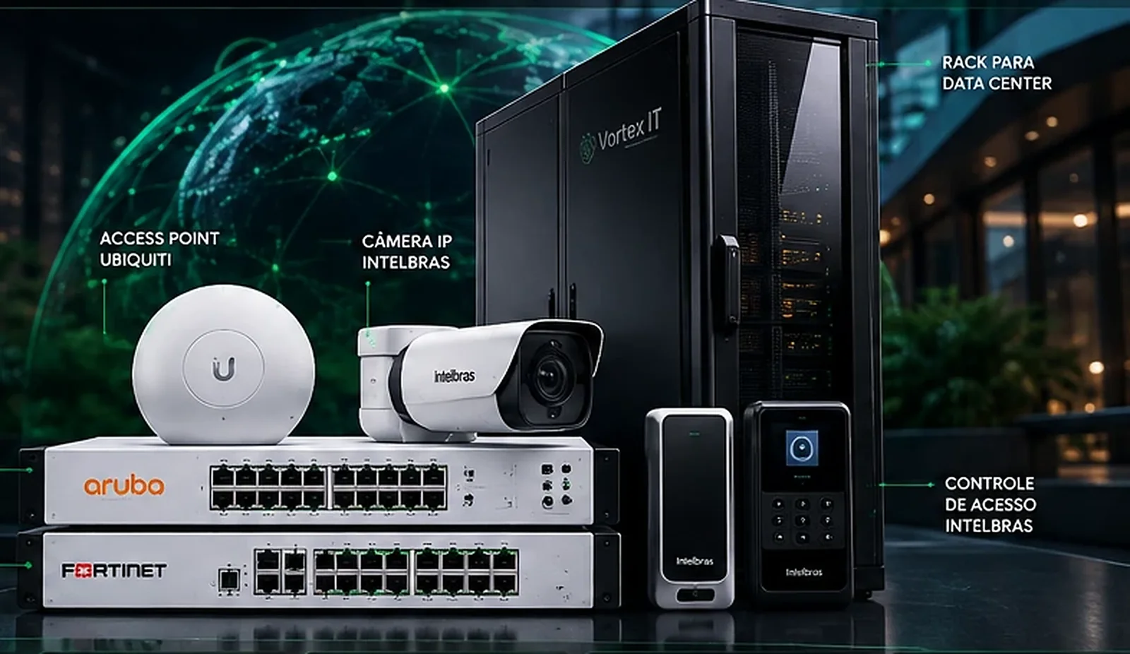 Vitrine conceitual com rack de data center, firewall, switch, câmera IP, access point e controle de acesso